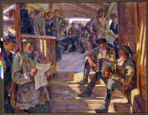 Szene an einer russischen Rekrutierungsstation, wo Männer diskutieren, lesen und Akkordeon spielen. von Alexander Viktorovich Moravov