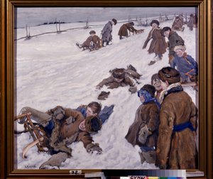 Wintersport. Szene des Rodelns auf einem verschneiten Feld, Kinder in warmer Kleidung haben Spaß und lachen. Gemälde von Alexander Wiktorowitsch Morawow (1878-1951)