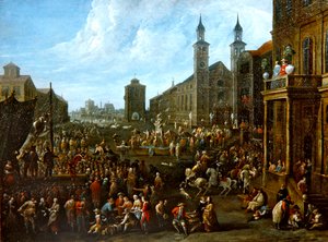 Eine Marktszene mit Straßenkünstlern und anderen Figuren von Alexander van Bredael