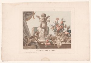 Stillleben auf einem Tisch mit einem Hund und einer Statue von Cupido von Alexandre Chaponnier