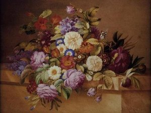Rosen, Winden und andere Blumen auf einem Sims