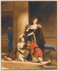 Elisabeth Woodville, die Königin von England, verabschiedet sich von ihren Söhnen, Eduard V. und Richard, Herzog von York, mit einem trauernden Mann hinter einer Säule