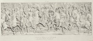 Treffen von Franz I. und Heinrich VIII. auf dem Feld des Goldenen Tuchs, nach dem geschnitzten Steinrelief im Hotel de Bourgtheroulde, Rouen, Normandie, 1501-37, graviert von Godefroy Engelmann