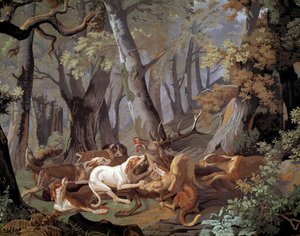 Hirschjagd Dussy Tapete nach einem Gemälde von Alexandre-François Desportes (1661-1743). 1851. Paris, Kunstgewerbemuseum