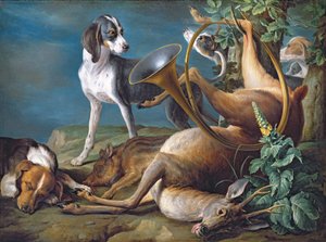 Stillleben mit totem Wild und Hunden, 1730