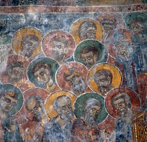 Gruppe von Heiligen, Fresko in der Kirche in Anisaraki bei Kandanos, Kreta, Griechenland von Nicolas Toussaint Charlet