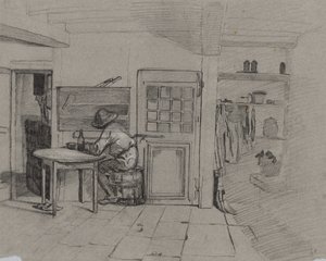 Ein Bauernhausinterieur mit einem Jungen am Tisch von Alexandre Gabriel Decamps