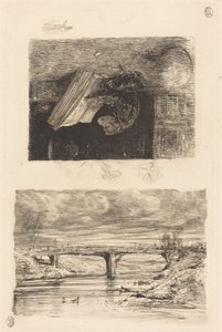 Flusslandschaft mit einer Brücke; Affe blättert in einem Buch von Alexandre Gabriel Decamps