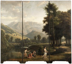 Eine arkadische Landschaft mit Mädchen, die Blumen am Flussufer sammeln, eine Burg auf dem Hügel dahinter, 1801