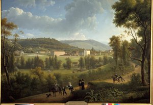 Ansicht des Dorfes Jouy en Josas (Jouy-En-Josas) mit der 1785 von Oberkampf (1738 - 1815) gegründeten Fabrik. Gemälde von Alexandre Dunouy (1757-1841)
