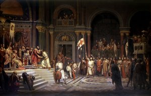 Gottfried von Bouillon wird von Alexios Komnenos, Kaiser von Konstantinopel, im Jahr 1097 empfangen, während der Verteidigung der Stadt gegen die Türken während des 1. Kreuzzugs 1096-1099 von Alexandre Jean Baptiste Hesse