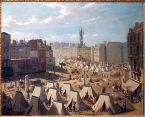 Truppenlager am Boulevard du Temple in Paris während der Junitage 1848. Gemälde von Josquin (?), Öl auf Leinwand, französische Kunst von Alexandre Josquin