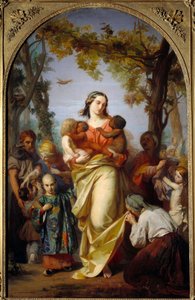 Universelle Nächstenliebe. Personifikation der Nächstenliebe, die die verschiedenen Völker der Welt in ihren Armen hält von Alexandre Laemlein