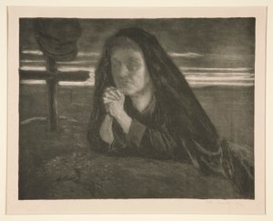 Unbetitelte Studie einer betenden Frau bei einem Soldaten von Alexandre Lunois