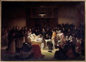 Die letzten Momente des Herzogs von Berry an der Pariser Oper, umgeben von Ludwig XVIII. und der königlichen Familie von Alexandre Menjaud