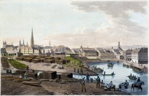 Ansicht von Wien von der Küste der Leopoldstadt (Arbeiten am Dock) - in Malerische Reise nach Österreich von Graf Alexandre de Laborde, Paris, ed. Elder Didot