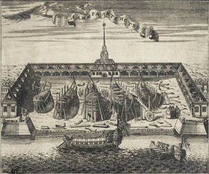 Ansicht der Admiralitätswerft in St. Petersburg, 1717 von Alexei Ivanovich Rostovtsev