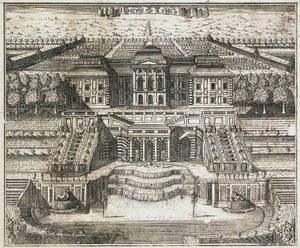 Ansicht des Großen Palastes in Peterhof, 1717 von Alexei Ivanovich Rostovtsev