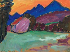 Roter Abend - Blaue Berge