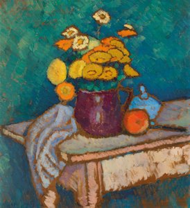 Stillleben mit Tuch, Blumen im Krug und Apfel von Alexei Javlensky von