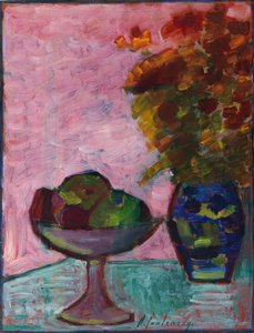 Stillleben mit Obstschale und Blumenvase, ca. 1932