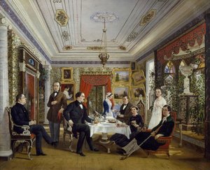 Die Familie Tarnovskj beim Teetrinken am Tisch von Alexei Yakovlevich Voloskov