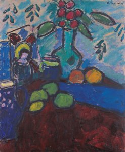 Stillleben mit Hinterglasmalerei, grüne Vase und Früchte von Alexej von Jawlensky