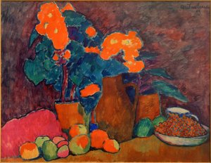 Stillleben mit Blumen, Obst und Flasche