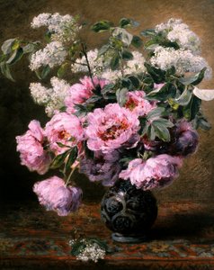 Stillleben mit Sommerblumen, Pfingstrosen und Flieder.