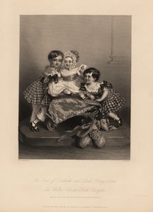 Earl of Dalkeith (William Henry), Henry John und Walter Charles Scott Douglas, Söhne des 5. Duke of Buccleuch, 7. Duke of Queensberry. Zwei Söhne tragen Tartankleider mit Bändern, der jüngste trägt eine Mütze und ein Satinkleid. Stahlstich von H. Cook von Alfred Edward (after) Chalon