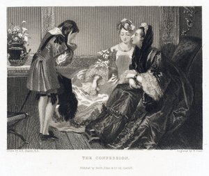 Das Geständnis, bezieht sich auf eine Geschichte mit demselben Titel, eine Frau in einem großen schwarzen Kleid beugt sich vor, um das Geständnis eines Jungen zu hören, der sein Gesicht mit ihren Händen bedeckt