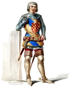 Halévy - Die Zauberin - Kostümentwürfe von Alfred Albert - 16. Graf von Poitou, 1. Kostüm, M. Belval (retuschiert)