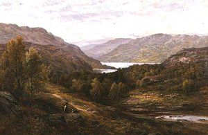 Ein Hirtenjunge mit seinem Hund in einer Hochlandlandschaft von Alfred Augustus Glendening