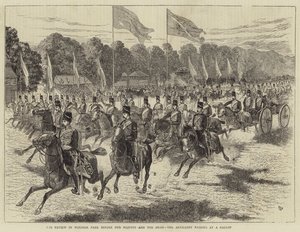 Die Parade im Windsor Park vor Ihrer Majestät und dem Schah, die Artillerie im Galopp (Gravur) von Alfred Chantrey Corbould