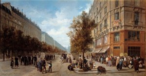 Belagerung von Paris: Warteschlange vor einem Lebensmittelgeschäft (Felix Potin) an der Ecke Rue Reaumur und Boulevard Sebastopol im November 1870