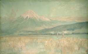 Morgendämmerung auf dem heiligen Berg, der Fuji halb verdeckt von Wolken, 1889 von Alfred East