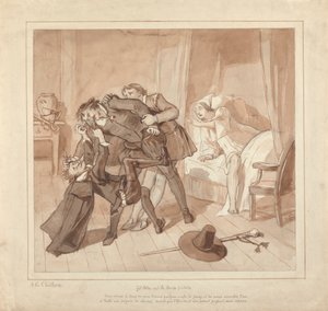 Gil Blas, während er unter Dr. Sangrado Medizin praktiziert, trifft Dr. Cuchillo am Bett des Lebensmittelhändlers von Alfred Edward Chalon