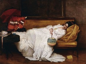 Ein Mädchen mit einem japanischen Fächer, schlafend auf einem Sofa