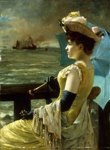 Eine Dame mit Sonnenschirm, die aufs Meer blickt