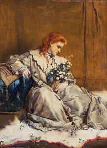 Tagtraum, junges rothaariges Mädchen mit blauem Ottomanen von Alfred Emile Stevens