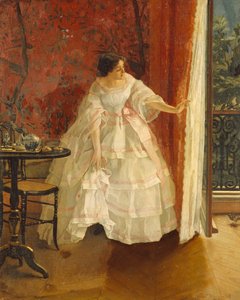 Dame am Fenster, die Vögel füttert, ca. 1859 von Alfred Emile Stevens