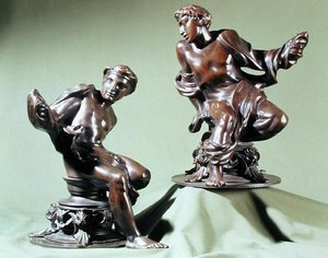 Ein Paar klassischer männlicher Akte, entworfen als Kaminaufsätze, hergestellt von Henry E. Hoole & Co. von Alfred George Stevens