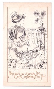 Viktorianische Neujahrskarte eines Ästheten, der eine Vase mit Pfauenfedern bewundert, ca. 1881 (monochrom) von Alfred Gray