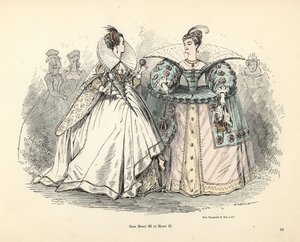 Karikatur von Frauenkostümen in der Ära von König Heinrich III. und IV. von Alfred Grevin