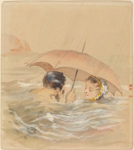 Männliche und weibliche Badende mit Regenschirm