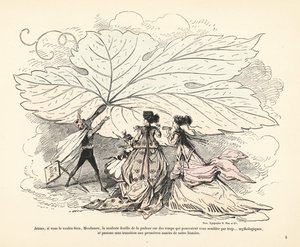 Mann, der ein riesiges Feigenblatt vor drei Frauen wegwirft von Alfred Grevin