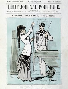 Pariser Fantasien von A. Grévin: Nun, wenn es Ihnen nichts ausmacht, meine Cousine, nennen wir es einen Ärmel. Billardspieler - Titelblatt des „Kleinen Tagebuchs zum Lachen“ vom Dez. 1903 von Alfred Grevin