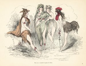 Frau in Kostümen aus Tierfellen, Köpfen und Federn von Alfred Grevin
