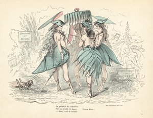 Frauen nur in Feigenblattkleidern und Hüten, die Blattpaare halten