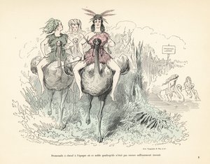 Frauen in Tierfellen und Federn, die Strauße und Schwäne reiten von Alfred Grevin